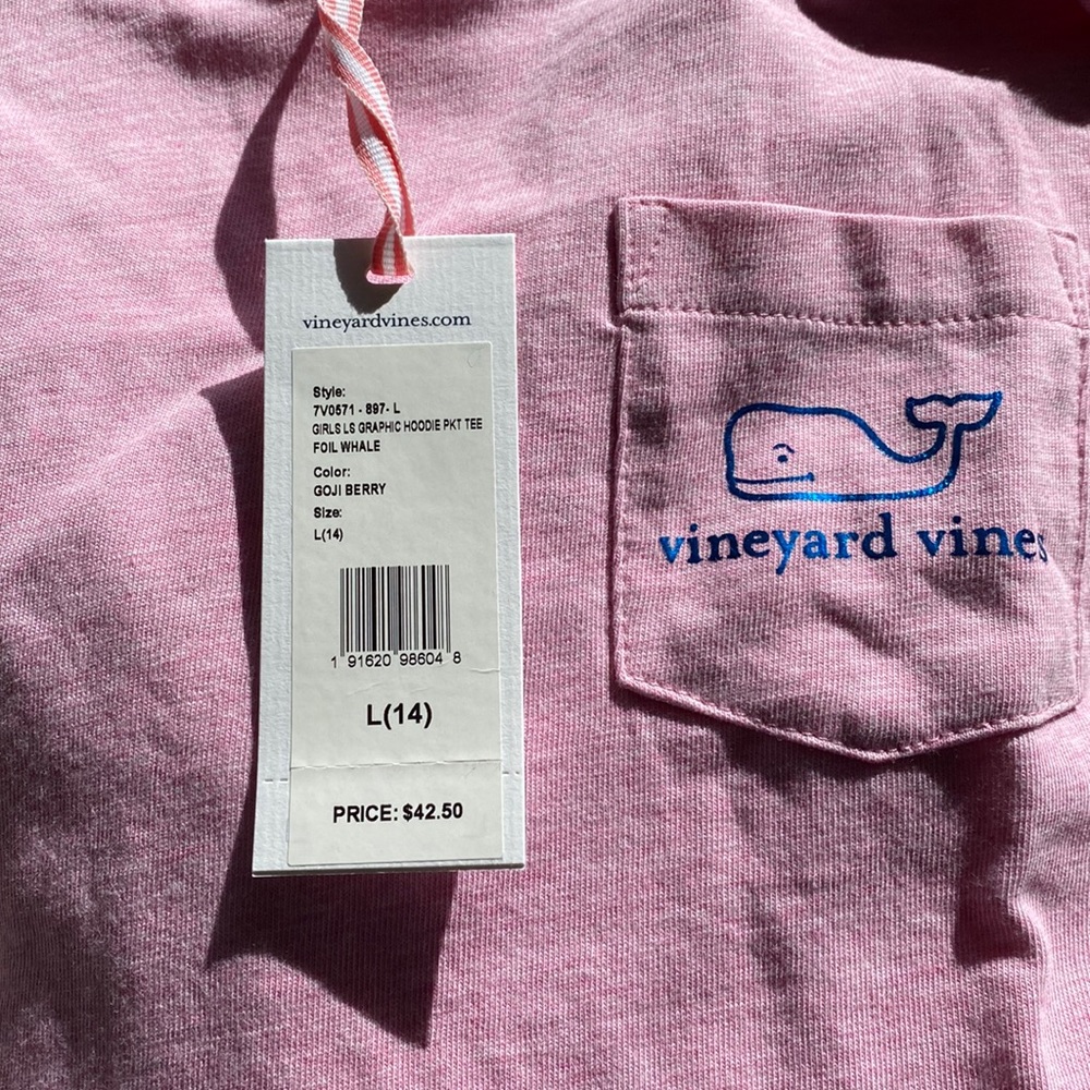 Brand new girl’s graphic hoodie pink Tee with foil blue whale.